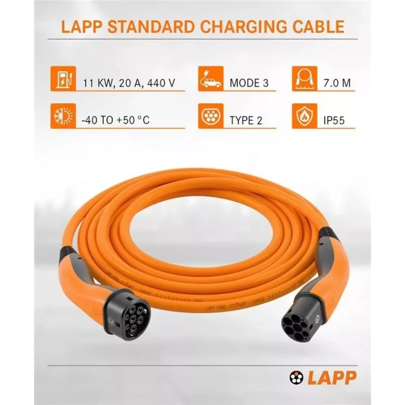 LAPP MOBILITY Type 2 uzlādes kabelis, līdz 11 kW, 7 m, oranžs (61790)