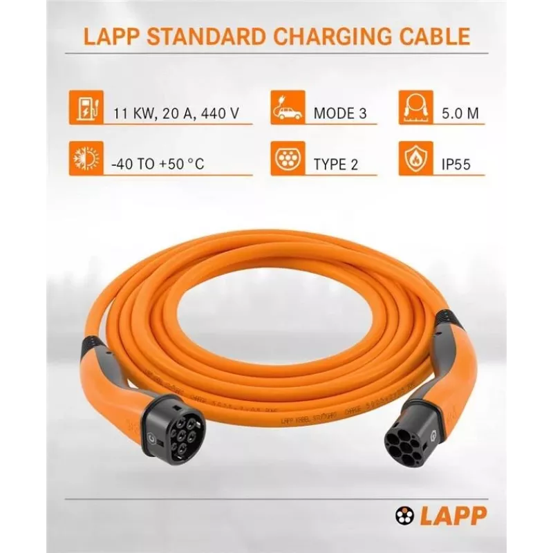 LAPP MOBILITY Type 2 uzlādes kabelis, līdz 11 kW, 5 m, oranžs (61785)