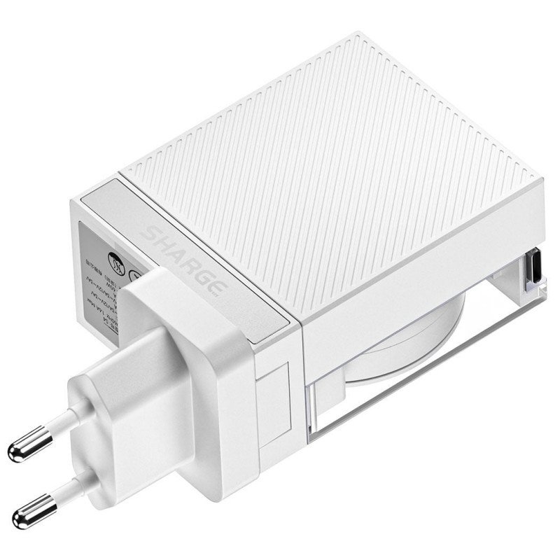 SHARGE Retractable 65 GaN lādētājs, 65W, 2x USB-C, iebūvēts USB-C kabelis - balts
