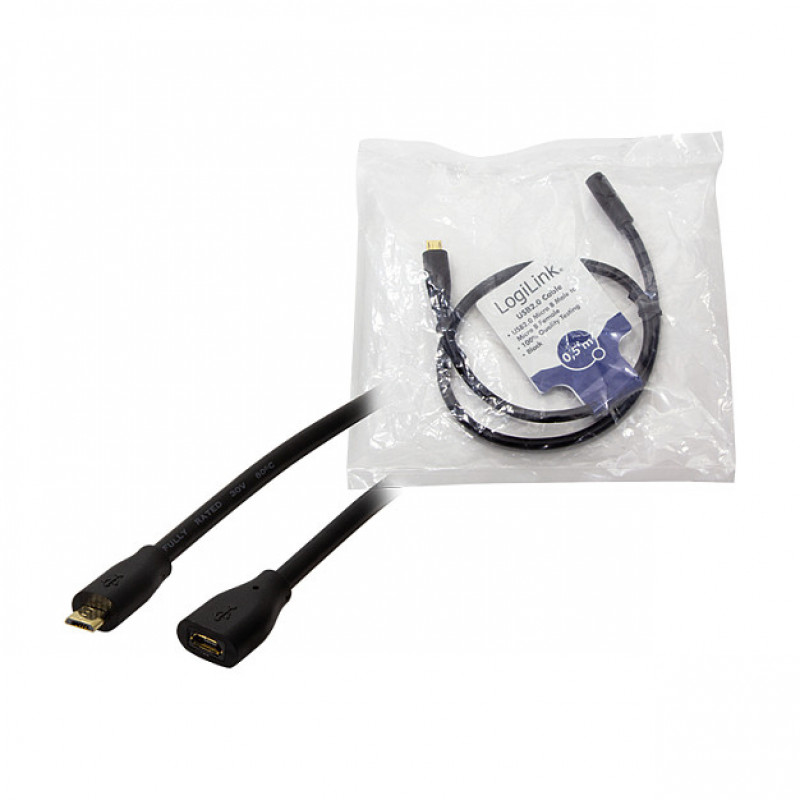 LogiLink CU0120 USB 2.0 pagarinājuma kabelis, Micro-USB B vīrišķais uz Micro-USB B sievišķais, 0,5 m, melns