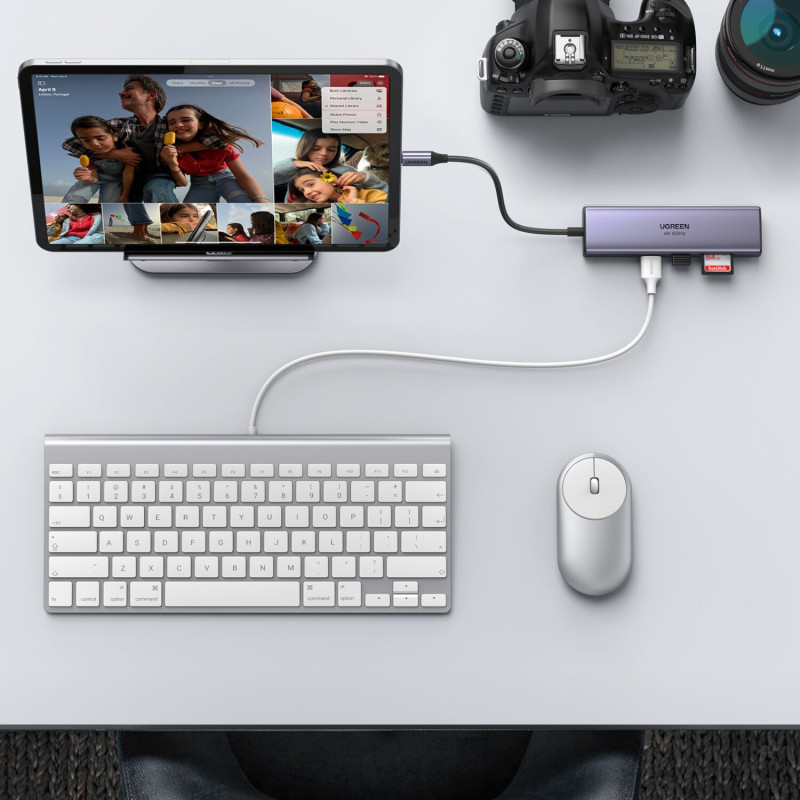 UGREEN 60515 7-in-1 USB-C daudzportu adapteris, 4K HDMI, Gigabit Ethernet, 100 W PD, pelēks