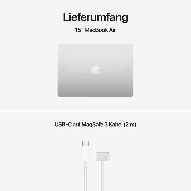Apple MacBook Air 15 inch M5 10 kodolu CPU 10 kodolu GPU 24GB RAM 2TB SSD - sudraba, vācu klaviatūra ar Touch ID, 35W divu USB-C portu strāvas adapteris (CTO)