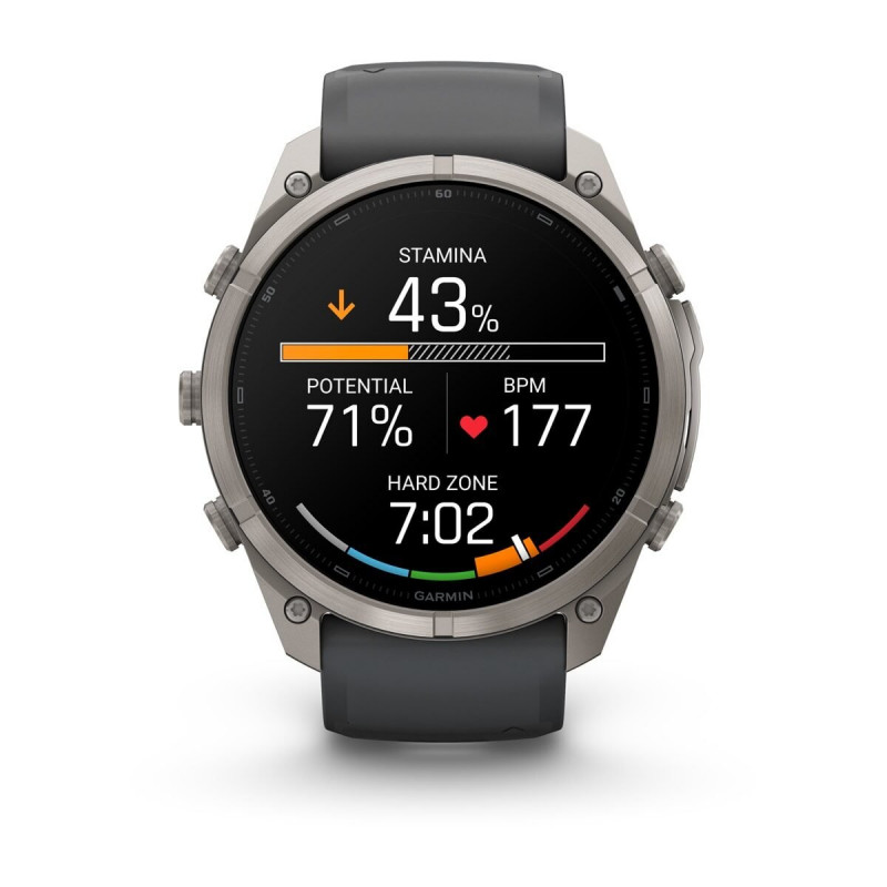 Garmin Fenix 9 Pro viedpulkstenis – 51 mm titāna korpuss ar grafīta/melnu silikona siksniņu