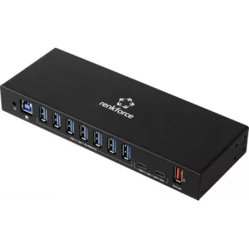 Renkforce RF-7403762 USB centrmezgls 10 portu USB-A, USB-C® USB 3.2 Gen1 5 GBit/s industriālām vajadzībām Melns RF-IH10-100