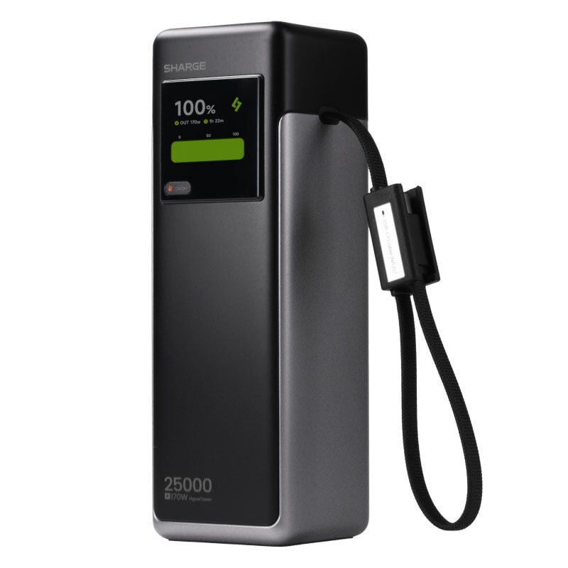 SHARGE HyperTower 170 pārnēsājamais akumulators, 25 000 mAh, 170 W, 4 vienā, melns