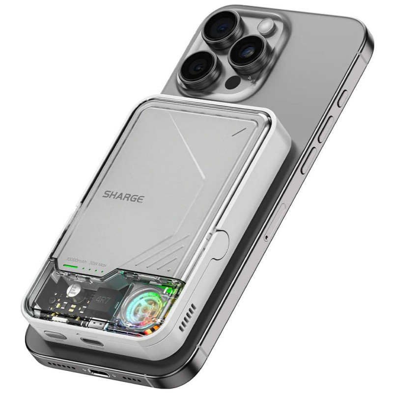 SHARGE ICEMAG 2 pārnēsājamais akumulators, 10000 mAh, 15 W Qi2, 30 W USB-C, caurspīdīgs
