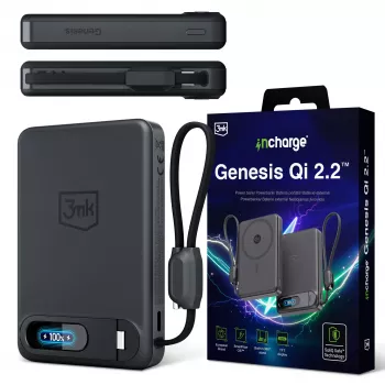 3mk incharge Genesis Qi2 25W bezvadu lādētājs + PD 45W ar iebūvētu USB-C kabeli, melns