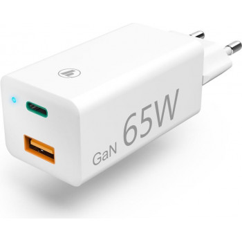 Hama lādētājs GaN, USB-C jaudas piegāde (PD) + USB-A QC3.0, 65W, balts