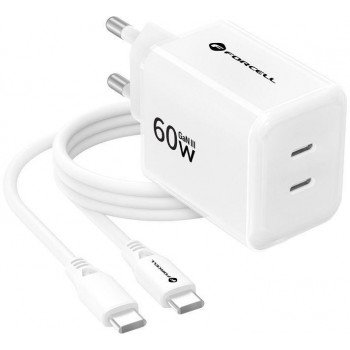 Forcell F-Energy GaN III Crystal Color VT-60 60W PD QC 4.0 sienas lādētājs ar 2x USB-C, balts + kabelis