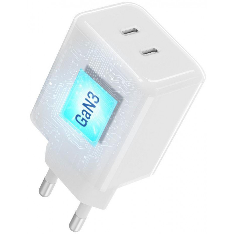 Forcell F-Energy GaN III Crystal Color VT-60 60W PD QC 4.0 sienas lādētājs ar 2x USB-C, balts + kabelis