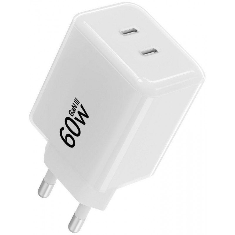 Forcell F-Energy GaN III Crystal Color VT-60 60W PD QC 4.0 sienas lādētājs ar 2x USB-C, balts + kabelis