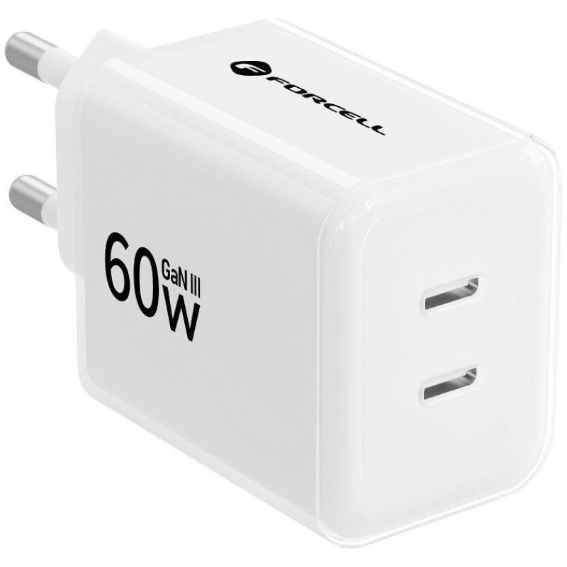 Forcell F-Energy GaN III Crystal Color VT-60 60W PD QC 4.0 sienas lādētājs ar 2x USB-C, balts + kabelis
