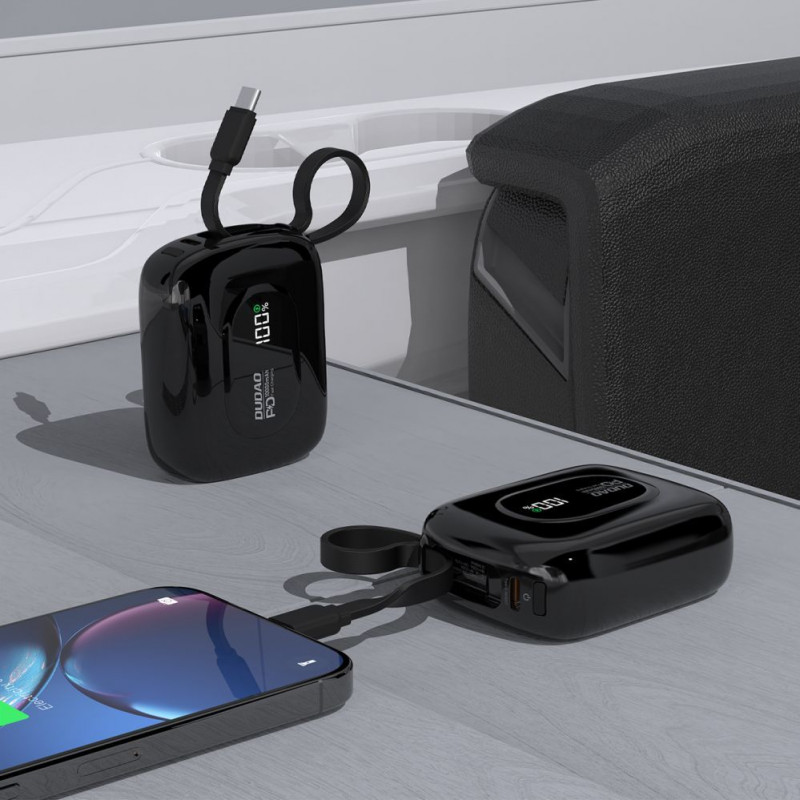 Dudao K32 pārnēsājamais akumulators 22.5W 10000 mAh ar iebūvētu USB-C/Lightning kabeli - melns