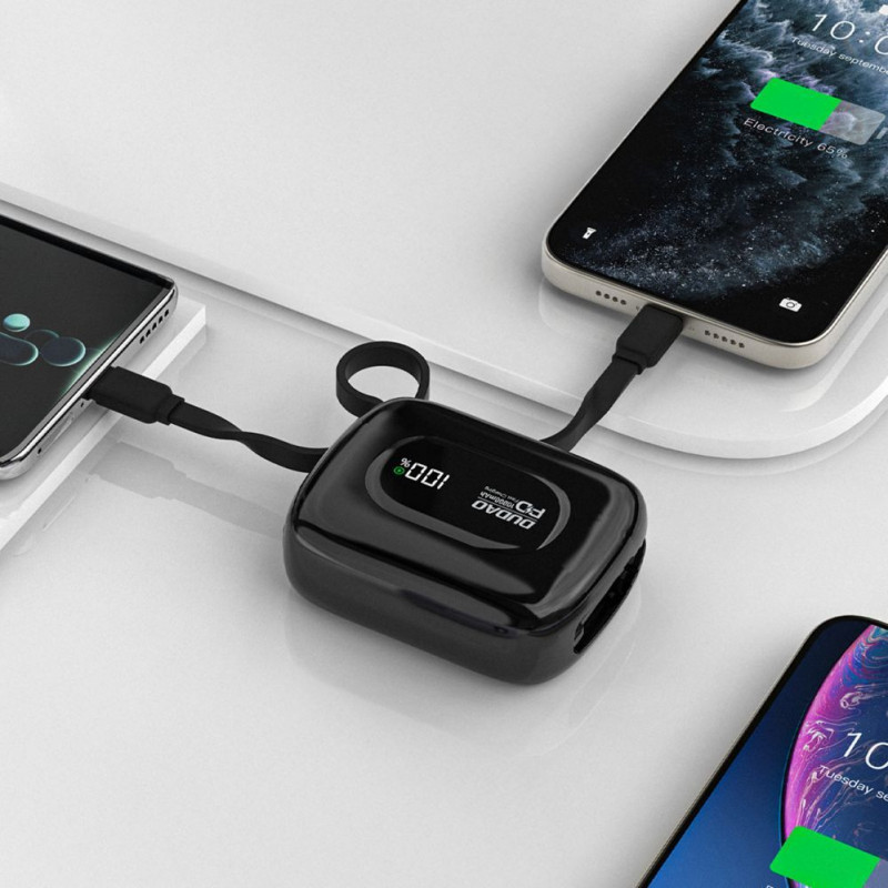 Dudao K32 pārnēsājamais akumulators 22.5W 10000 mAh ar iebūvētu USB-C/Lightning kabeli - melns