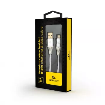 Gembird USB 2.0 – Lightning (8-pin) kabelis ar tekstila pinumu, 2 m, balts