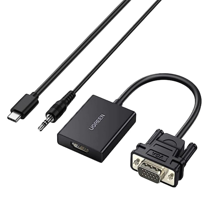 UGREEN CM513 VGA uz HDMI pārveidotājs, vīrišķais uz sievišķo, 1080p Full HD, melns