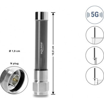 Delock 5G 3700 - 4200 MHz antena, N spraudnis, 4 dBi, visvirzienu, stingra, āra, pelēka, 10 cm