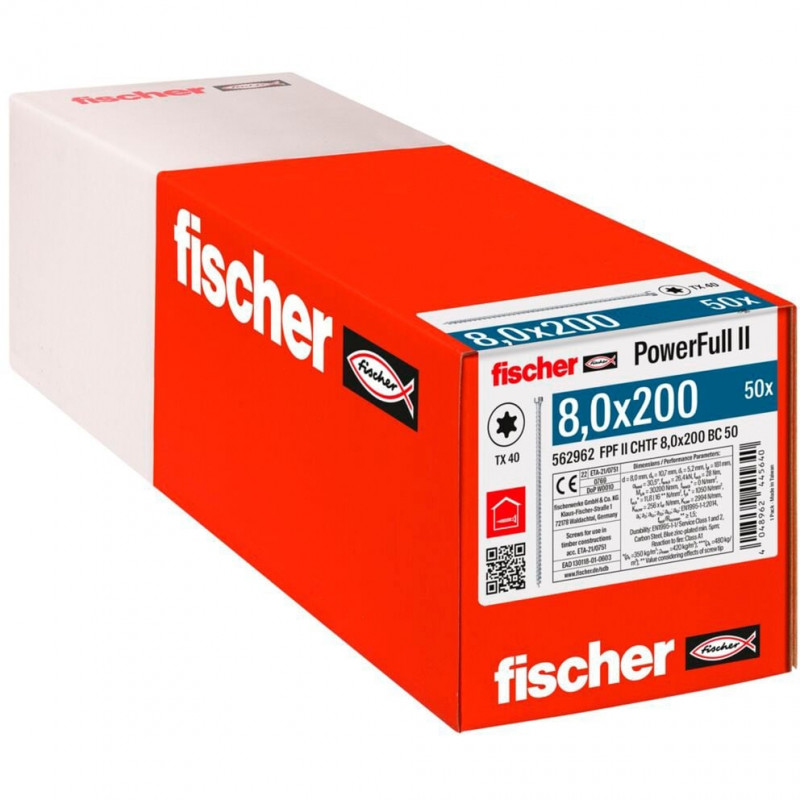 Fischer koka konstrukcijas skrūve PowerFull II 8.0x200 ZK TX VG (50 gab., pilna vītne, cinkota)