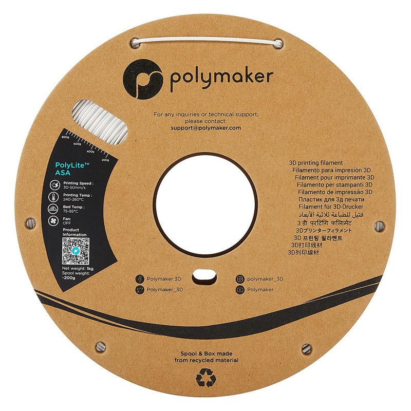 Polmask ASA 3D printera kvēldiegs, 1,75 mm, 1 kg - balts (PF01002)