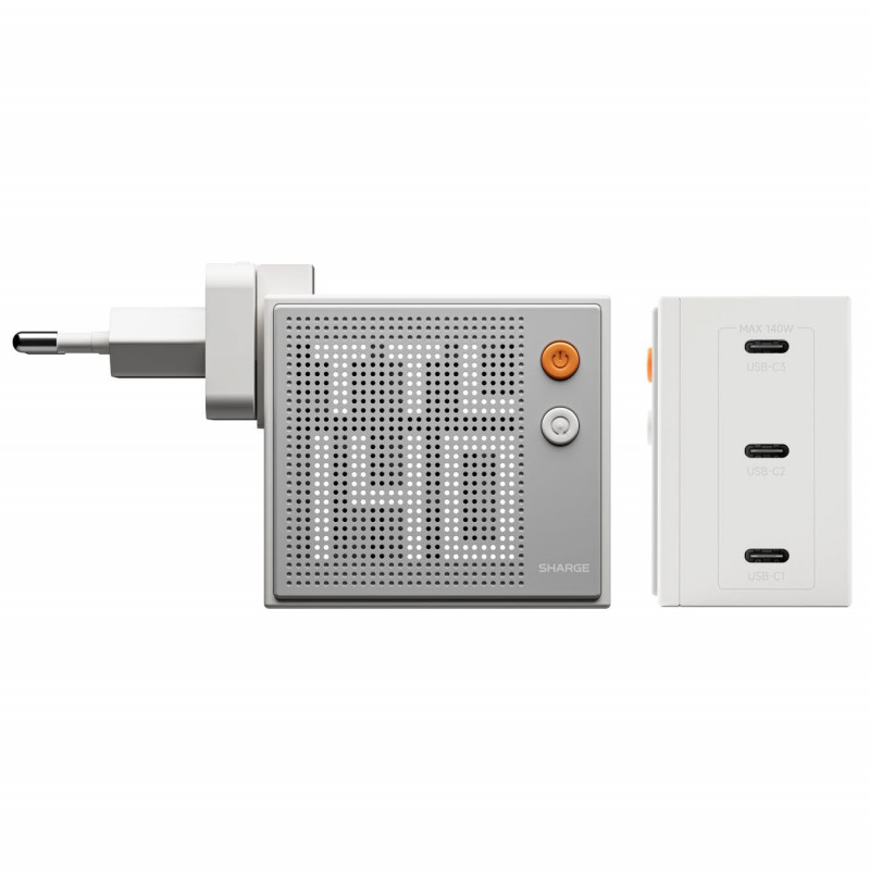 SHARGE Pixel 140 GaN lādētājs, 140W, 3x USB-C, punktmatricas displejs - balts