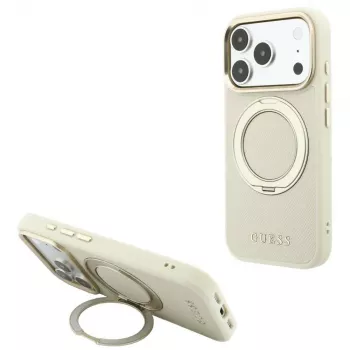 Guess Ring Stand 360 Grained Classic Logo MagSafe vāciņš iPhone 18 Pro Max / 17 Pro Max, bēšā krāsā