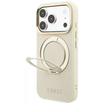Guess Ring Stand 360 Grained Classic Logo MagSafe vāciņš iPhone 18 Pro Max / 17 Pro Max, bēšā krāsā
