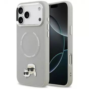 Karl Lagerfeld Karl & Choupette Pins MagSafe vāciņš iPhone 17 Pro, pelēks