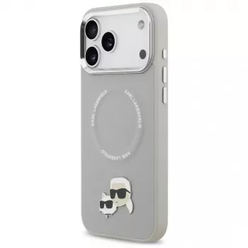 Karl Lagerfeld Karl & Choupette Pins MagSafe vāciņš iPhone 17 Pro, pelēks