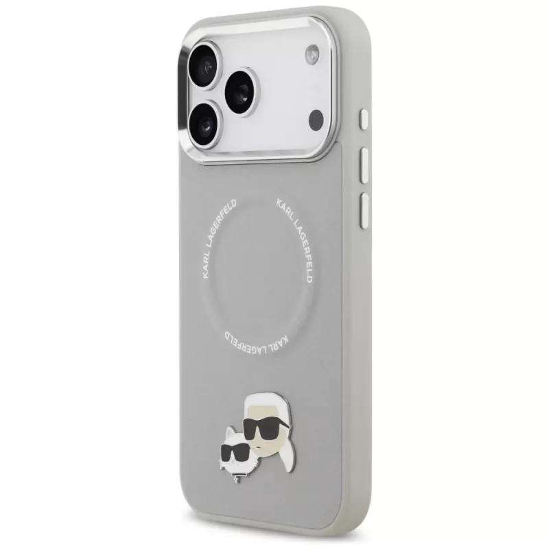Karl Lagerfeld Karl & Choupette Pins MagSafe vāciņš iPhone 17 Pro, pelēks