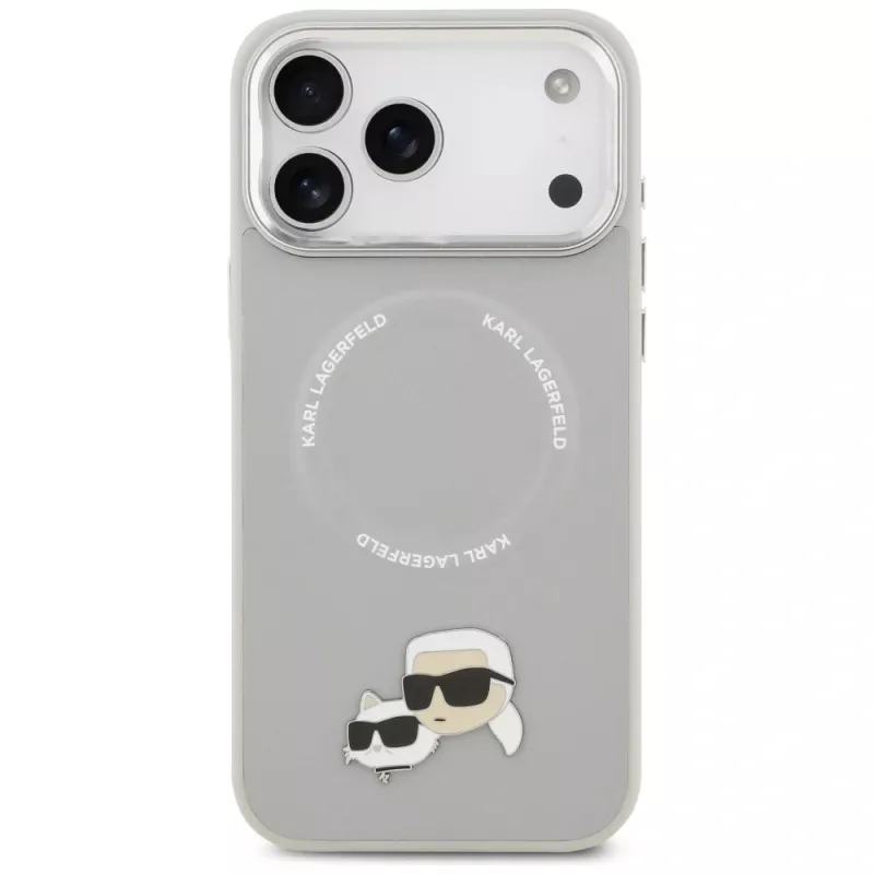 Karl Lagerfeld Karl & Choupette Pins MagSafe vāciņš iPhone 17 Pro, pelēks