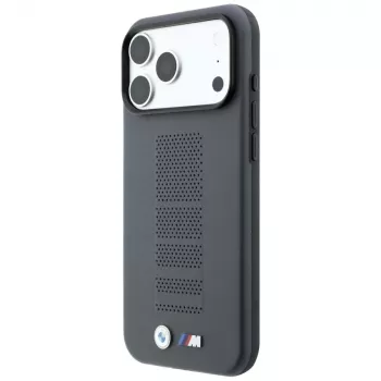 BMW M Blue Perfo Metal Logo MagSafe maciņš iPhone 18 Pro / 17 Pro, pelēks