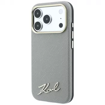 Karl Lagerfeld Saffiano Small Script Metal Logo MagSafe vāciņš iPhone 18 Pro Max / 17 Pro Max, bēšā krāsā