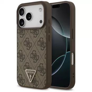 Guess Leather 4G Triangle Strass MagSafe vāciņš iPhone 18 Pro / 17 Pro, brūns