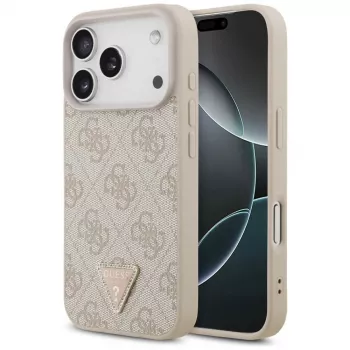 Guess Leather 4G Triangle Strass MagSafe vāciņš iPhone 18 Pro / 17 Pro, rozā