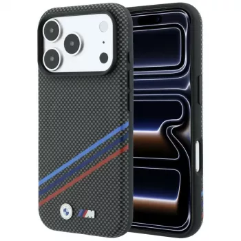 BMW M Quadrille Kevlar Print Tricolor Lines & Metal Logo MagSafe vāciņš iPhone 18 Pro Max / 17 Pro Max, antracīta