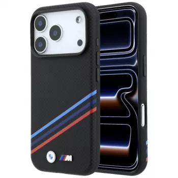 BMW M Quadrille Kevlar Print Tricolor Lines & Metal Logo MagSafe maciņš iPhone 18 Pro / 17 Pro, melns