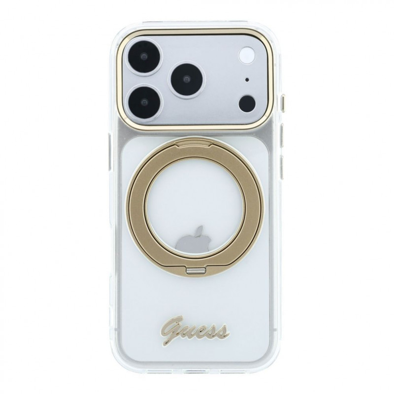 Guess HC MagSafe IML Ring Stand 360 Script Metal Logo vāciņš Apple iPhone 18 Pro, caurspīdīgs