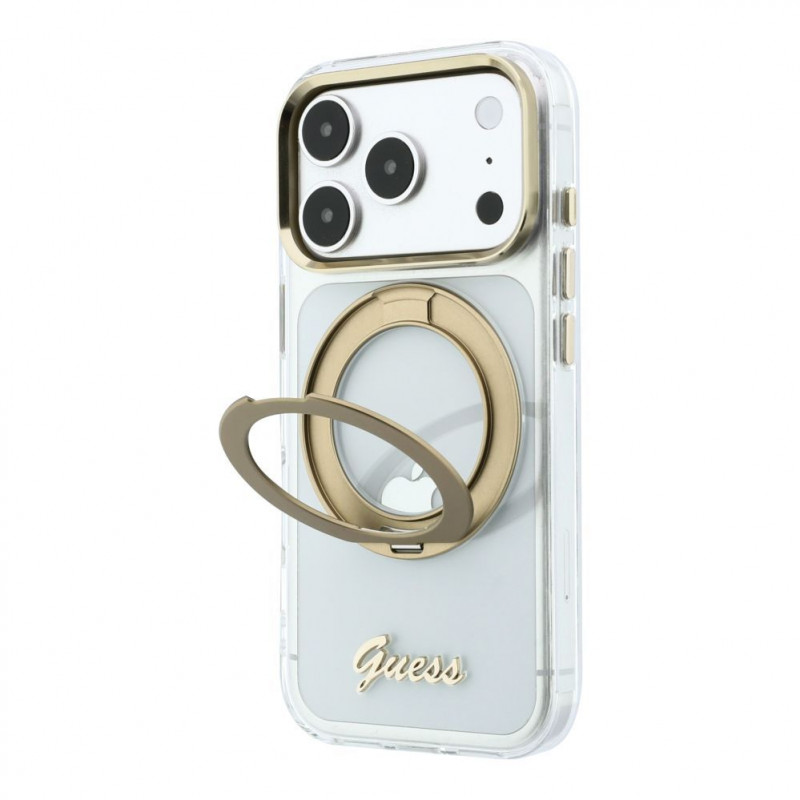 Guess HC MagSafe IML Ring Stand 360 Script Metal Logo vāciņš Apple iPhone 18 Pro, caurspīdīgs