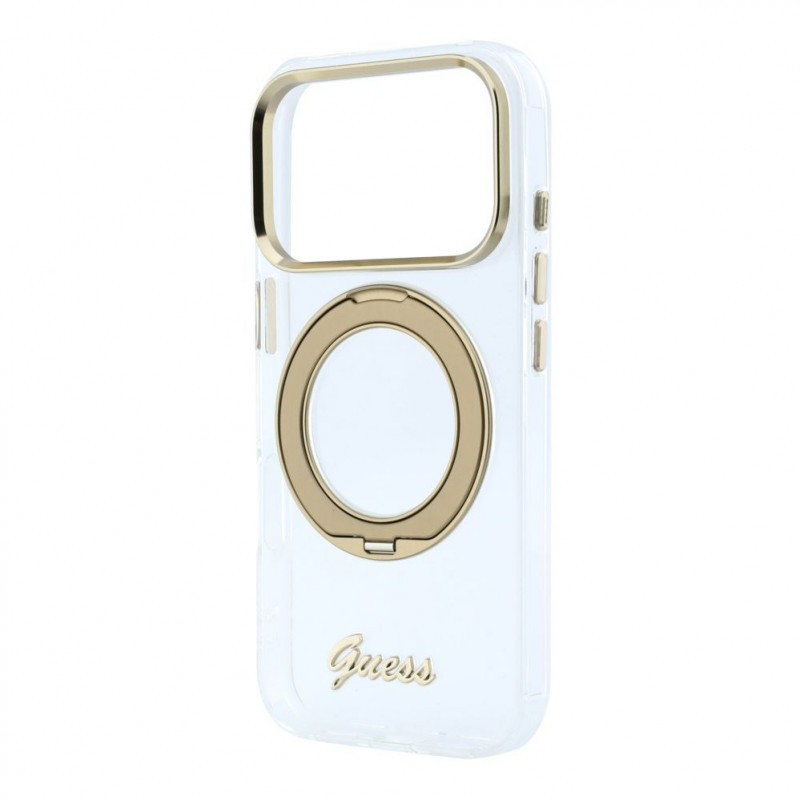 Guess HC MagSafe IML Ring Stand 360 Script Metal Logo vāciņš Apple iPhone 18 Pro, caurspīdīgs