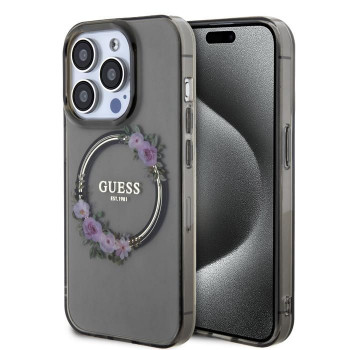 Guess PC/TPU Flowers Ring Glossy Logo MagSafe vāciņš Apple iPhone 15 Pro, caurspīdīgs melns (GUHMP15LHFWFCK)