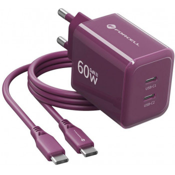 Forcell F-Energy GaN III VT-60 60W PD QC 4.0+ 2x USB-C bordo sienas lādētājs + USB-C kabelis