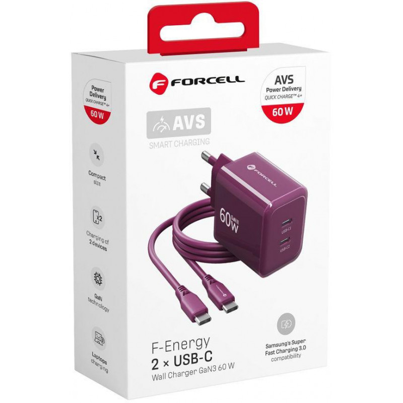 Forcell F-Energy GaN III VT-60 60W PD QC 4.0+ 2x USB-C bordo sienas lādētājs + USB-C kabelis