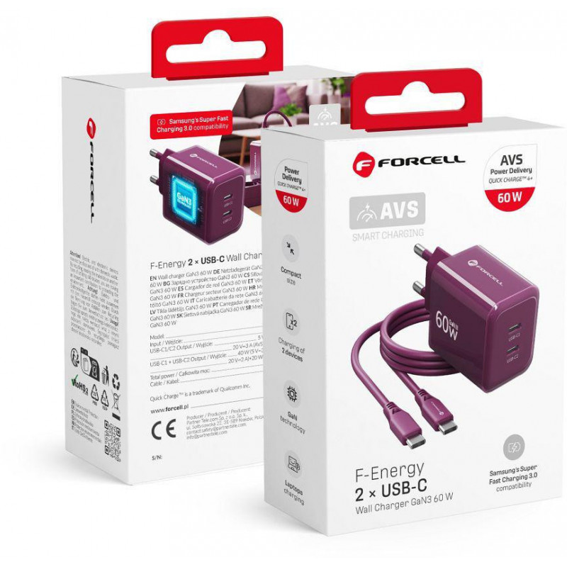 Forcell F-Energy GaN III VT-60 60W PD QC 4.0+ 2x USB-C bordo sienas lādētājs + USB-C kabelis