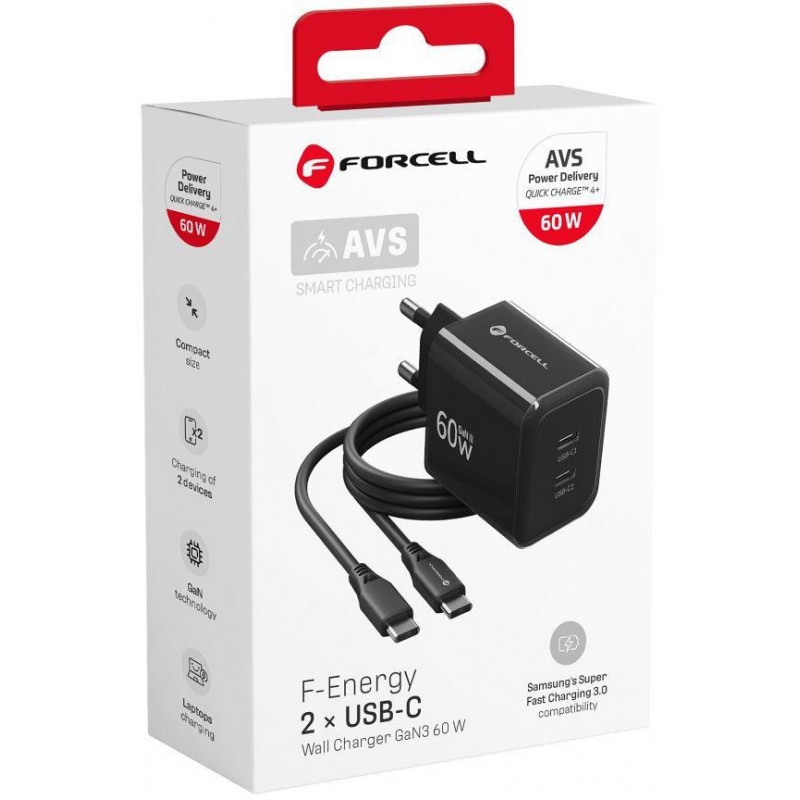 Forcell F-Energy GaN III VT-60 60W PD QC 4.0+ 2x USB-C melns sienas lādētājs + USB-C kabelis