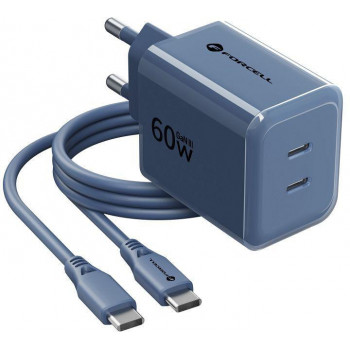 Forcell F-Energy GaN III VT-60 60W PD QC 4.0+ 2x USB-C sienas lādētājs tumši zilā krāsā + USB-C kabelis