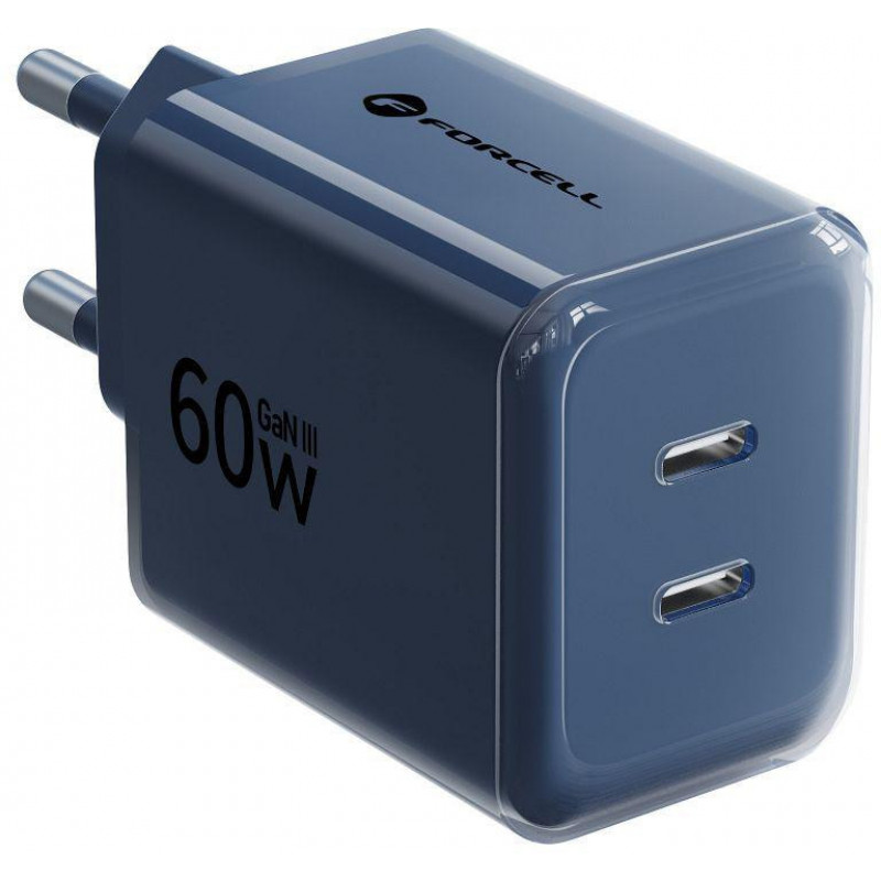 Forcell F-Energy GaN III VT-60 60W PD QC 4.0+ 2x USB-C sienas lādētājs tumši zilā krāsā + USB-C kabelis