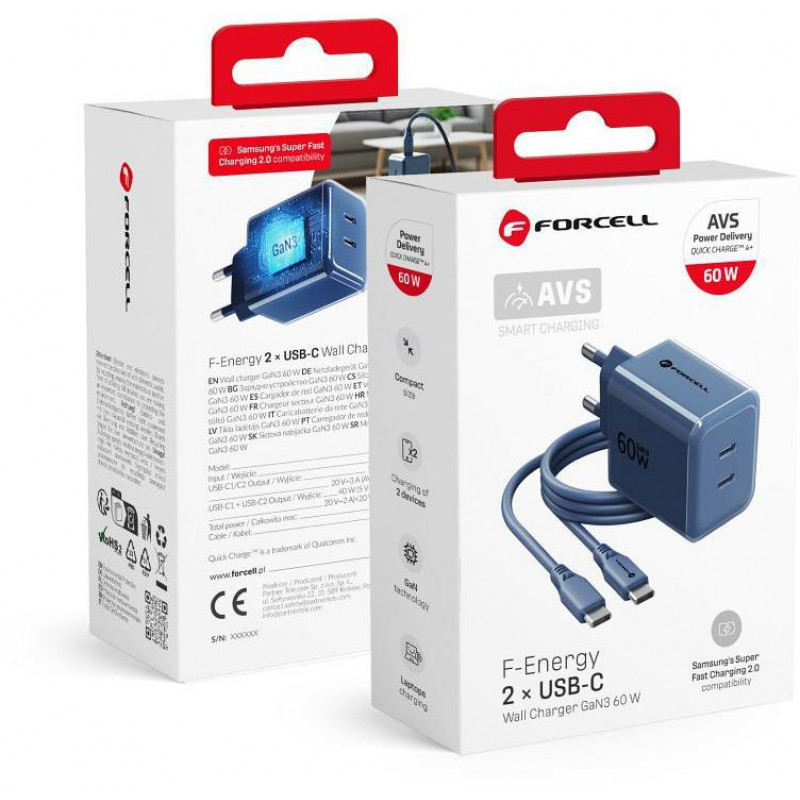 Forcell F-Energy GaN III VT-60 60W PD QC 4.0+ 2x USB-C sienas lādētājs tumši zilā krāsā + USB-C kabelis