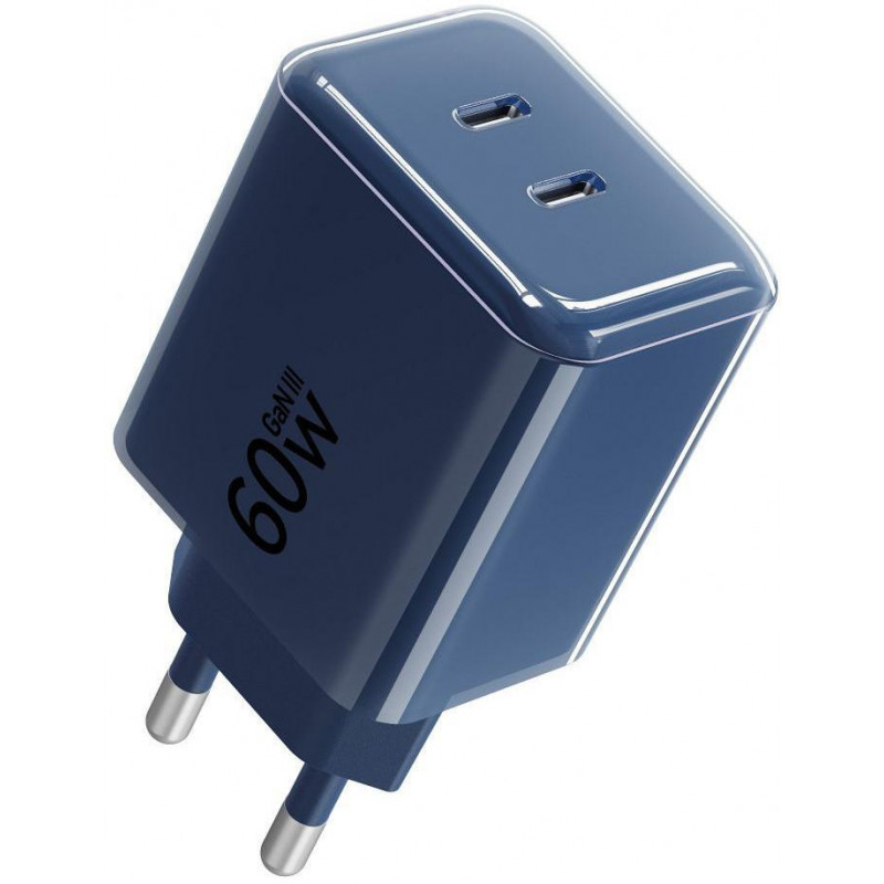 Forcell F-Energy GaN III VT-60 60W PD QC 4.0+ 2x USB-C sienas lādētājs tumši zilā krāsā + USB-C kabelis
