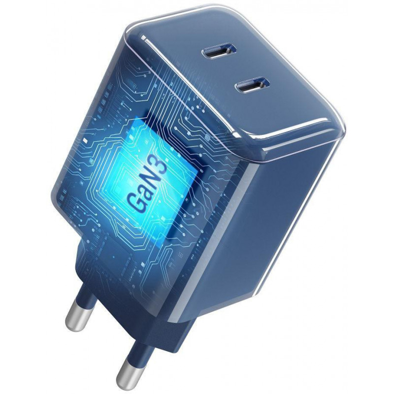 Forcell F-Energy GaN III VT-60 60W PD QC 4.0+ 2x USB-C sienas lādētājs tumši zilā krāsā + USB-C kabelis