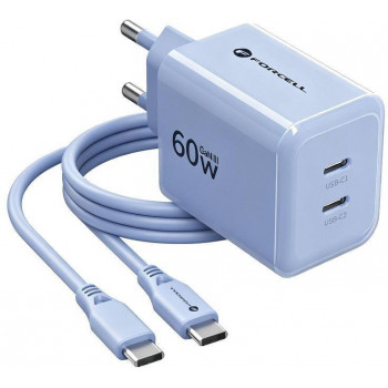 Forcell F-Energy GaN III VT-60 60W PD QC 4.0+ 2x USB-C sienas lādētājs, zils + USB-C kabelis